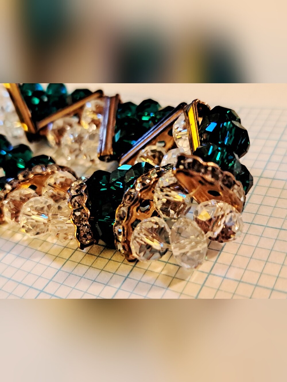 Elegant Crystal and Emerald Bead Bracelet With Gold Diamond Spacers
